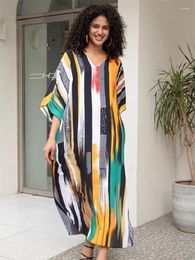 Bohemian Striped Print Plus Size Kaftan V-neck Side Split House Dress 2024 Summer Women's Beachwear Bathing Suit Cover Up Q1638