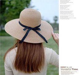 Wide Brim Bowknot Ribbon Straw Sun Hats for Women Girls Summer UV Protection Floppy Foldable Beach Hat Outdoor Travel Panama Cap 240515