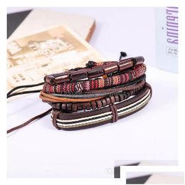Charm Bracelets Charm Bracelets Vintage Mtipiece Set Of Handmade Wood Bead Wax Rope Leather Bracelet Male Drop Delivery Jewellery Dhd6K Dhg6L
