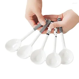 Dinnerware Sets 5pcs Long Handled Ceramic Spoons Medium Sized Soup Gift Box Heat-resistant Easy For Giving Hepburn Grid Cutlery