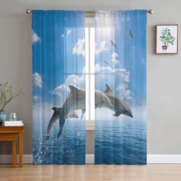 Curtain Animal Dolphin Sea Blue Sky Flying Bird Clouds Sheer Curtains For Living Room Decor Window Kitchen Tulle Voile