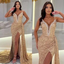 Sexy Gold Sequins Mermaid Prom Dress Spaghetti Evening Elegant Front Split Backless Formal Dresses For Women 0515