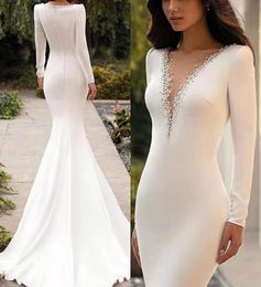 2024 V-Neck Mermaid Wedding Dresses Crystals Beaded Simple Ivory Satin Long Sleeves Bridal Gowns Court Train Elegant Bride Reception Dress