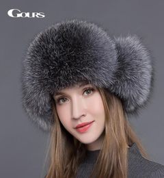 Gours Fur Hat for Women Natural Raccoon Fox Fur Russian Ushanka Hats Winter Thick Warm Ears Fashion Bomber Cap Black New Arrival L2960013