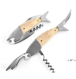 Fish Shaped Wooden Handle Wine Beer Opener Portable 304 Stainless Steel Kitchen Restaurant Bar Inventory Whole5563640