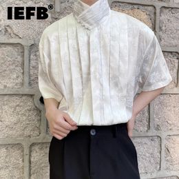 IEFB Mens Fashion Pleated Flowers Shirts Chinese Style Jacquard Satin Standing Neck Short Sleeve Printing Pullove Tops 9A9024 240508