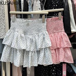 Skirts KUSAHIKI Sweet Pleated Floral Ruffled Skirt With Edges Women's Versatile Fluffy Cake A-line Short Mujer Faldas