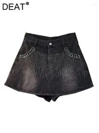 Skirts Women's Denim Diamonds Slim High Waist Rhinestone Wrap Hip A-line Short Mini 2024 Summer Fashion 11XX9022