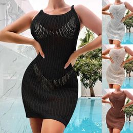 Beachwear Knitwear Cover Ups Women Hole Hollow Out Wrapped Hip Mini Beach Dresses For Suspender See Through Sexy