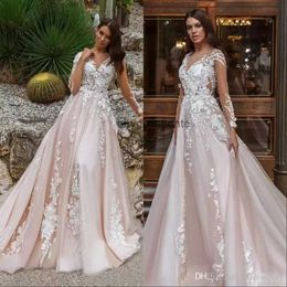 Sheer Long Sleeves Wedding Dress Bridal Gowns Sheer Long Sleeves V Neck Embellished Lace Embroidered Romantic Princess Blush A Line Beach Plus Size