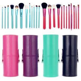 Brushes 12Pcs Cylinder Barrel Makeup Brush Set Highend Animal Hair Brushes With Leather Cup Holder 4 Colours Drop Ship 1set