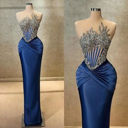 Navy Blue Mermaid Evening Dresses Elegant Illusion Bodice Prom Dress Pleats Beaded Strapless Custom Made Formal Dresses For Women 0515