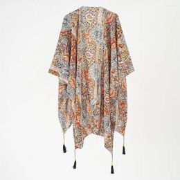 Chiffon Floral Print Loose Cover-Ups For Women Tops Tassel Kimono Robe Boho Beach Wear Cover Up Casual Summer Blouse