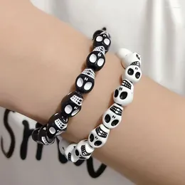 Link Bracelets Punk Goth Skull Skeleton For Women Men Hip Hop Elastic Beaded Bangles Handmade Halloween Jewelry Gift