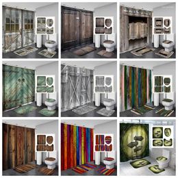 Shower Curtains 4pcs Retro Wooden Door Pattern Waterproof Curtain Bathroom Floor Mat Toilet U-shaped Rug & Cover Blanket