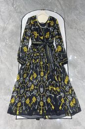 Casual Dresses 2024 Spring Summer Vintage Printed Silk V-neck Strap Large Hem Long Sleeve Woman Dress Maxi Skirt Female Evening Clothing