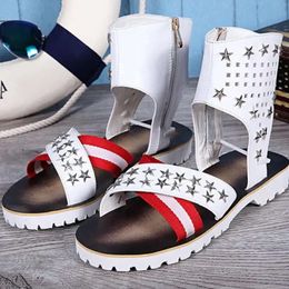 Korean Style Sandals Mens Summer Spliced Fashion Non-Slip Vintage Zippers Concise Outdoor Male Casual Size 37-46 8d3c