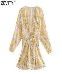 Zevity New Women Vintage V Neck Floral Print Bandage Kimono Mini Dress Female Chic Long Sleeve Side Zipper Casual Vestido DS8297 28549337