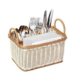 Kitchen Storage Silverware Basket Rattan Desktop Organiser Box Shelves Desks Decorative Sundries Stationery Utensil