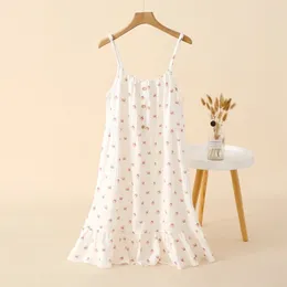 Women's Sleepwear 2024 Summer Cotton Crepe Suspender Nightdress Thin Style Solid Colour Floral Vest Skirt Home