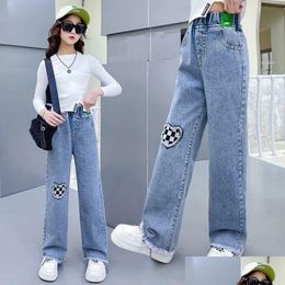 Jeans Casual Style For Girl Teenage Clothes Elastic High Waist Denim Wide Leg Pants Spring Big Kids Straight Trousers 514Y 240106 Dr Dhlsf