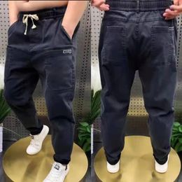 Men's Jeans Elastic Waist Drawstring Denim High-quality Casual Pants With Six Pockets Loose Baggy Luxury Clothing Trousers