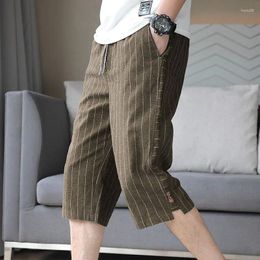 Men's Pants Fashion Elastic Lace Up Pockets Straight Striped Casual Clothing 2024 Summer Loose Korean High Waist Capri