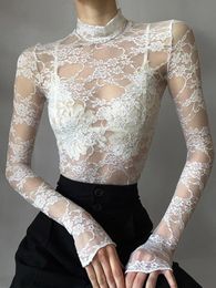 Womens lace floral ultra-thin T-shirt white long sleeved plain collar crop top wearing shirt top fairy pleated street clothing 240508