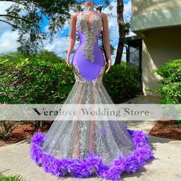 Sparkly Purple Mermaid Prom Dress With Feather 2k22 Pop Girls Birthday Party Gowns Gala Meet Graduation Wear for Evening 262y