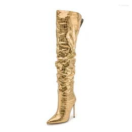 Boots Patent Over-the-Knee High Women Snake Leather Sexy Point Winter Party Shoes Female Luxury Gold Silver Tall Long Boot