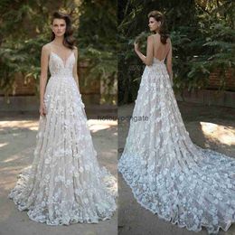 Amazing Berta Mermaid Lace Wedding Dresses Spaghetti Straps V Neck Backless Bridal Gowns 3D Appliqued Sweep Train Beaded Vestidos De Noiva