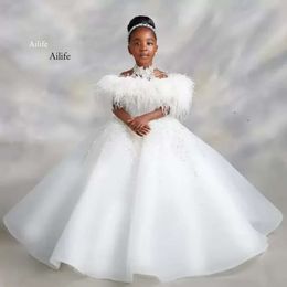 Luxurious Lace Beaded Flower Girl Dresses Ball Gown Sheer Neck Crystals Organza Lilttle Kids Birthday Pageant Weddding Gowns 0515