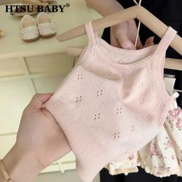 Vest HTSU Baby Solid Color Girls Summer Tank Top Korean Childrens Sweet Hollow Knitted Tank Top Childrens Clothing KnittedL240502