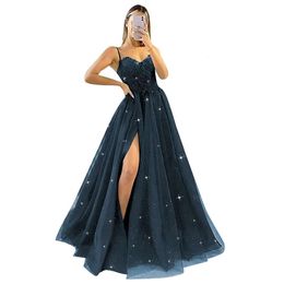 Spaghetti Straps Glitter Prom Dresses Sweetheart Tulle Ball Gown with Slit Lace Appliques Formal Evening Dress prom AMZ