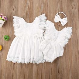Rompers 6M-5Y toddler baby girl white dress summer pleated lace bow princess dress clothingL240514L240502