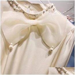 Women'S Blouses Shirts Womens Luxury Beaded Big Bow Sweet And For Women Spring 2024 Solid Color Long Sleeved Chiffon Top Blusas Pa Dhvwj