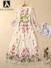 Casual Dresses AELESEEN Runway Fashion Long Dress Women Spring Autumn Full Sleeve Flower Embroidery Mesh High Waist Elegant Party Holiday