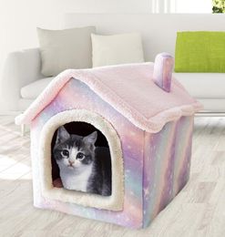 Cat Beds Furniture Plush Pink Starry Pet House Nest Soft Kennel Detachable Semiclosed Basket Washable Cave Cats Product1119236