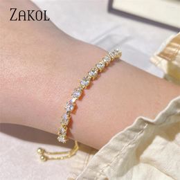 Link Bracelets ZAKOL Simple White Gold Colour Geometric Crystal Zirconia Adjustable Bracelet Exquisite Everyday Jewellery For Women Birthday