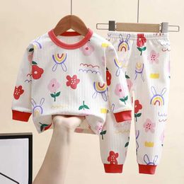 Pyjamas New 2024 Childrens Pure Cotton Pyjamas Boys and Girls Cartoon Long sleeved T-shirt+Pants Baby Spring/Summer/Autumn Pyjama Set d240515