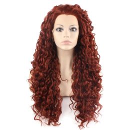 Wigs 26inch Long Curly Burgundy Red Heat Resistant Fiber Hair Synthetic Lace Front Wig