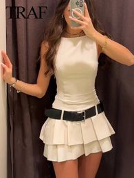 TRAF Fashion Woman White With Belt High Waist Pleated Dress Women O Neck Sleeveless Sexy Slim Mini Streetwear 240513