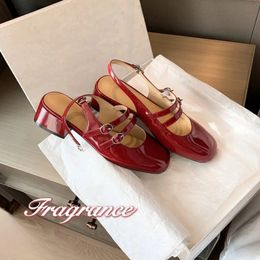 Classic Red Mary Jeans Woman Patent Leather Med-High Heels Sandals Two Buckle Belt Strap Shoes Femme Slingback Lolita Footwear 240511