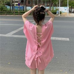 Summer 2024 New Shorts Set Women Loose V-neck Short Sleeved Lace-up Hollow-out Tops+ High Waist Drawstring Solid Color Shorts Korean Style Casual Two Piece Set Female
