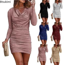 Casual Dresses 2024 Women's Sexy Mini Dress Shiny Crystal Pile Neck Long Sleeve Pleated Slim Fitting Evening Nightclub For Women