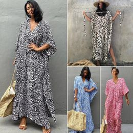 Rayon Leopard Casual Long Dresses Loose Oversized Beach Robe Bikini Swimsuit Cover Ups Vacation Sun Protection Suits
