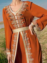 Ethnic Clothing Eid Morocco Muslim Party Dress for Women Abaya Fake 2 Piece Set Islamic Dresses Belt Diamond Kaftan Vestidos Maxi Abayas Caftan T240515