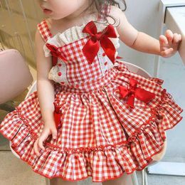 Girl's Dresses Summer fashion baby girl cotton red plain weave strapless bow tie lace lolita dress childrens cute clothing 2-8 years d240515