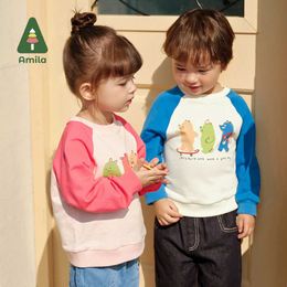 Pullover Amila Baby Boy Girl Sweatshirts 2024 Spring New O-neck Casual Contrast Cute Cartoon Pattern Athletic Baby ClothingL240502