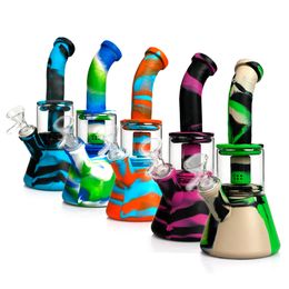 9 Inches Silicone Bong Bubbler Round Base Smoking Wate Pipes Dab Oil Rigs Glass Silicone Bongs Tobacco With Glass Bowl